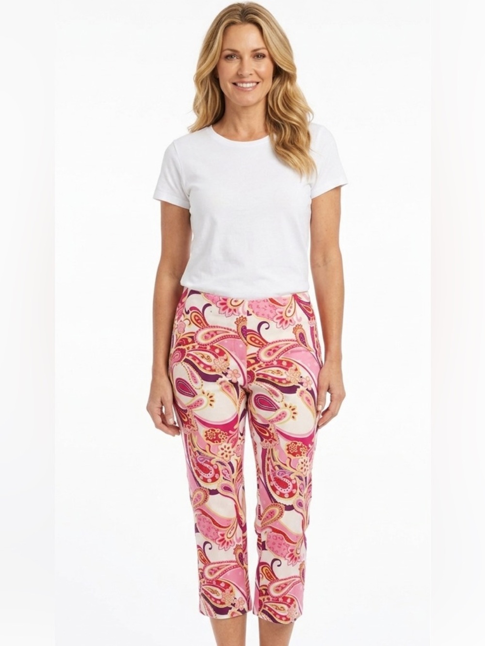 FRENCH LAUNDRY, Cotton/Lycra pink multi colour side zipper Capri Pants. Size 5/6